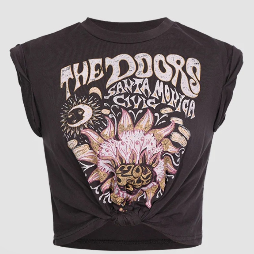 The Doors Graphic Knot Crop Top - Black